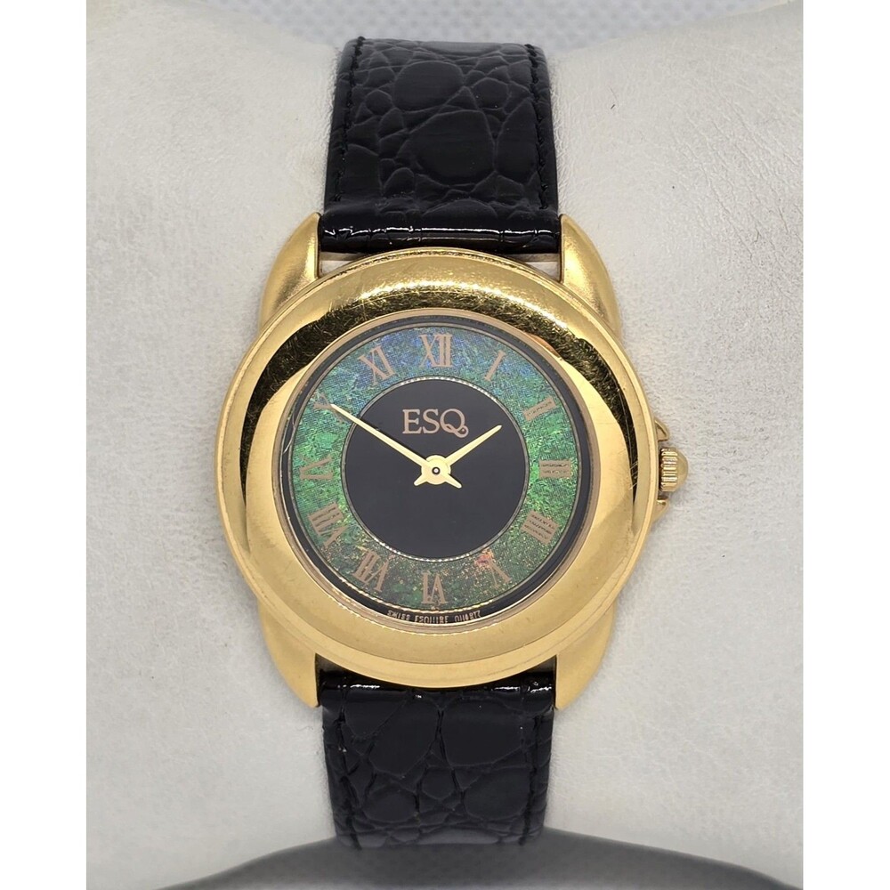 Unisex ESQ Swiss Esquire 300188 Green Dial Gold Tone Black Leather Band Watch 08